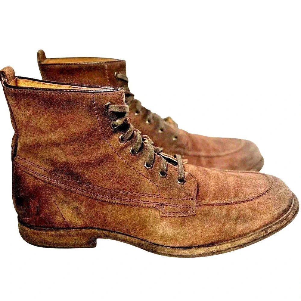 Frye Mens 10 D Brown Leather Chukka Boots Apron Moc Toe Ankle Work Trousers Shoe